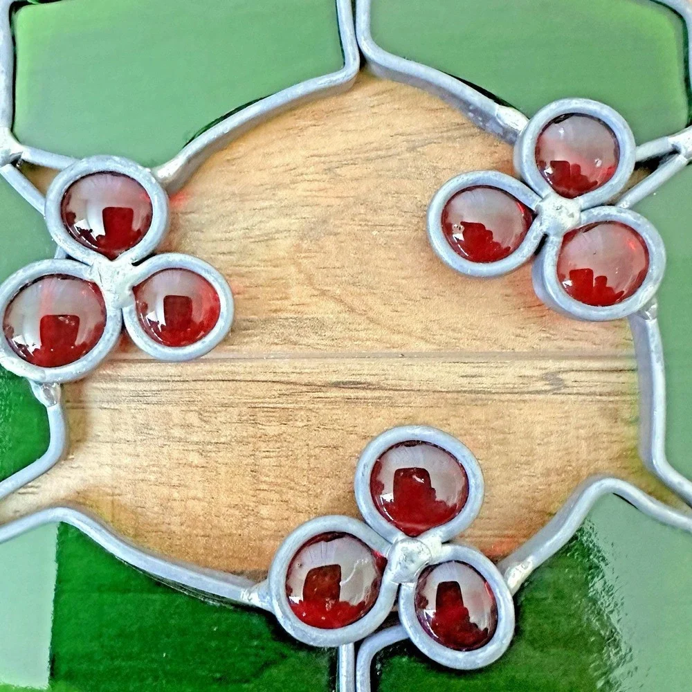Vintage Stained Glass Holly Wreath Suncatcher Christmas Window Hanging 6.5